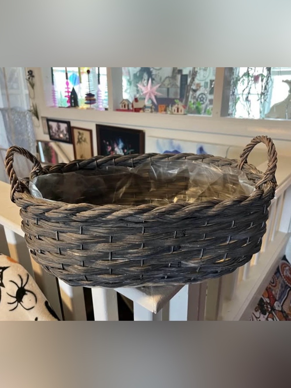 GREY WOVEN WICKER RATTAN BASKET WITH HANDLES AND PLASTIC LINER